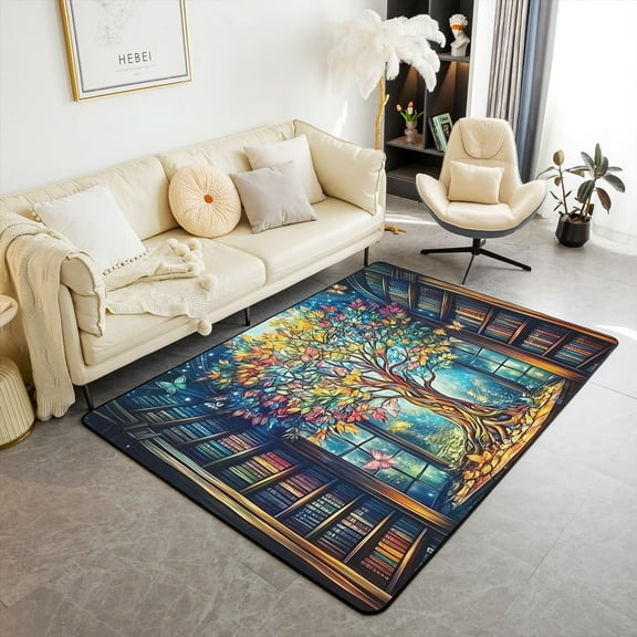 Erosebridal Boho Life Tree Bedroom Carpet 4'11" x 3'3", Bookshelf Books Living Room Rug, Colorful Butterfly Decor, Non Slip
