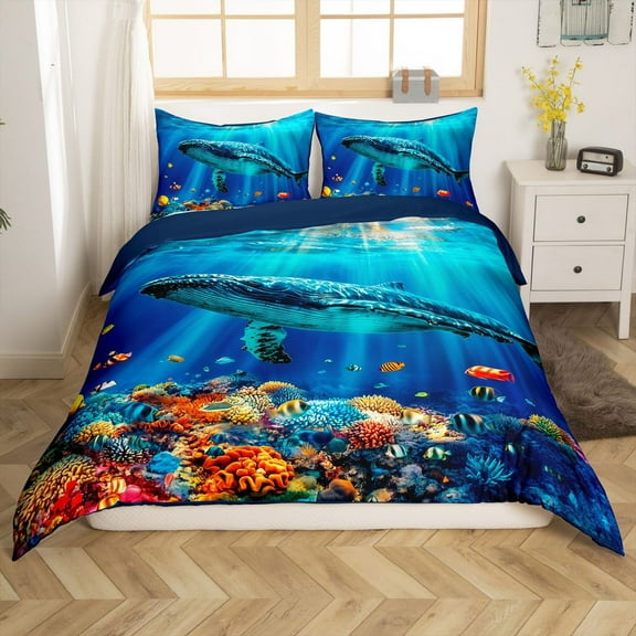 Erosebridal Ocean Whale Comforter Cover Twin,Marine Sealife Bedding Twin Size,Uderwater World Decor,Reversible,2-Piece(No Comforter)