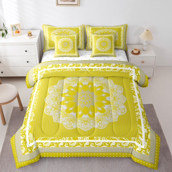 Erosebridal Boho Mandala Bed in a Bag 7 Pieces Tribal Floral Bedding Set, Hippie Paisley King Size Comforter Set Women Yellow White Bedding Comforter Sets, Exotic Style Bed Set