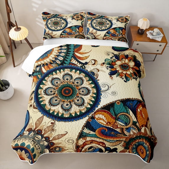 Erosebridal Boho Mandala Floral Twin Quilt Set for Women Girls, Western Paisley Swirl Print Twin Coverlet Set, 2-Piece