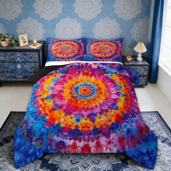 Erosebridal Boho Mandala Full Size Comforter Sets, Bohemian Tie Dye Bedding Sets, Navy Orange, Black Reversible 3pcs, 1 Comforter and 2 Pillowcases