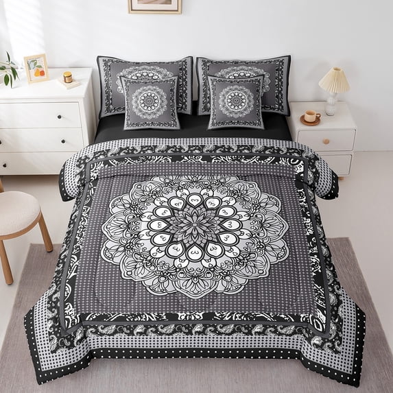 Erosebridal Boho Mandala Queen Comforter Set 7pcs Tribal Floral Bedding Comforter Sets, Hippie Paisley Bed in a Bag Women Black White Bedding Set, Exotic Style Bed Sheets Set