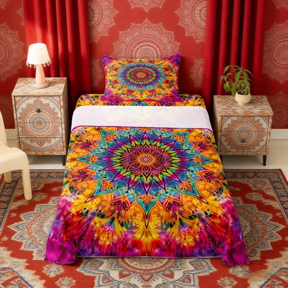 Erosebridal Boho Mandala Twin Sheet Sets, Bohemian Tie Dye Bedding, Orange Teal, 3pcs 1 Flat Sheet, 1 Fitted Sheet and 1 Pillowcase