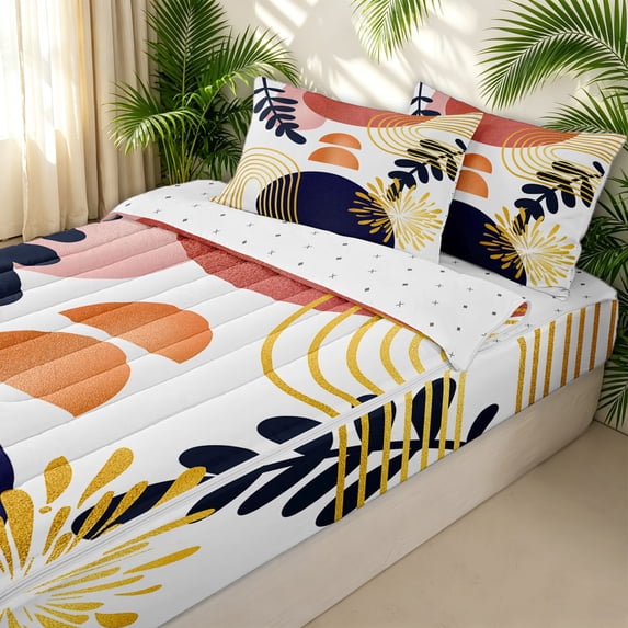 Erosebridal Boho Minimalst Abstract Zipper Twin Comforter Sets with Fitted Sheet and 2 Pillowcases for Women Men, Navy Golden Botanical Leaf Zipper Bedding Set, Reversible, 4 Pieces
