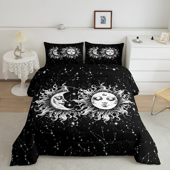 Erosebridal Boho Moon Sun Bedding King Comforter Set, Black White Down Comforter, Mystic Horoscope Reversible Comforters & Duvets, Ultra Soft Bedroom Decor, 3pcs