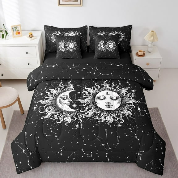 Erosebridal Boho Moon Sun Bedding Sets King Size, Black White Comforter Sets with Sheets, Mystic Horoscope Reversible Bed Set, Ultra Soft Bedroom Decor, 7pcs