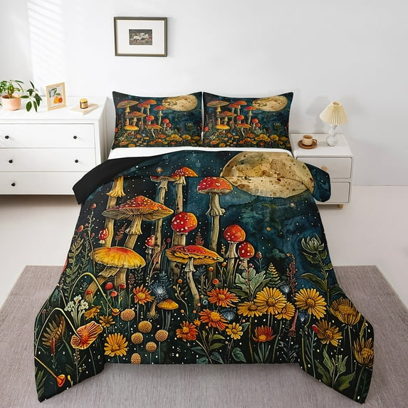 Erosebridal Boho Mushroom Comforter Sets King Size, Daisy Floral Comforters & Duvets, Butterfly Wildlife Room Decor, Breathable