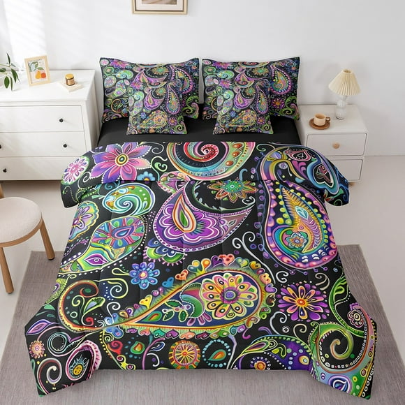 Erosebridal Boho Paisley Floral Bed in a Bag Full Size,Abstract Geometric Lines Bed Set,Multicolor Bohemain Style Bedding Full Size,Lightweight Room Decor Reversible,7 Pieces