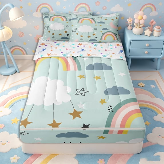 Erosebridal Boho Rainbow Motif Zipper Queen Comforter Set with Fitted Sheet and 2 Pillowcases,Star Cloud Zipper Bedding Set,Mint Green Pink Yellow,Reversible