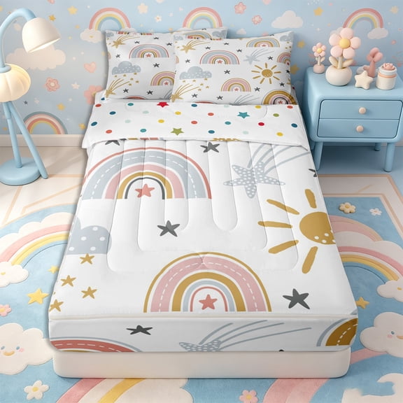 Erosebridal Boho Rainbow Pattern Zipper Full Size Comforter Sets with Fitted Sheet and 2 Pillowcases,Celestial Star Print Zipper Bedding Set,Pink Mustard Blue,Reversible