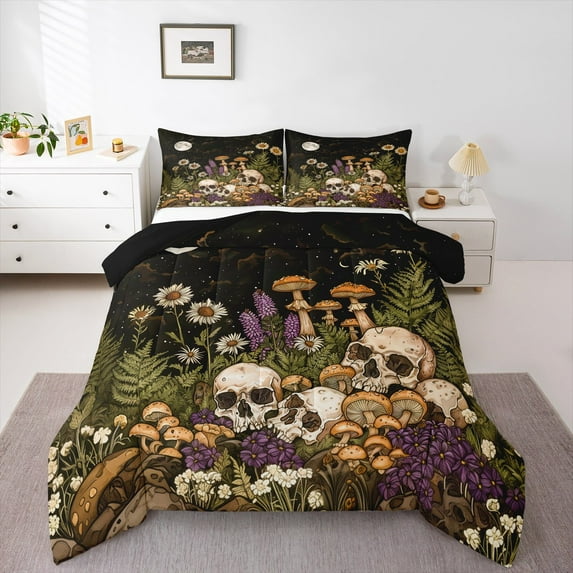 Erosebridal Boho Skull Comforter Sets Queen Size, Boho Moon Galaxy Comforters & Duvets, Mushroom Flower Reversible Bedding Queen Comforter Set, Breathable Bedroom Decor, 3-Piece