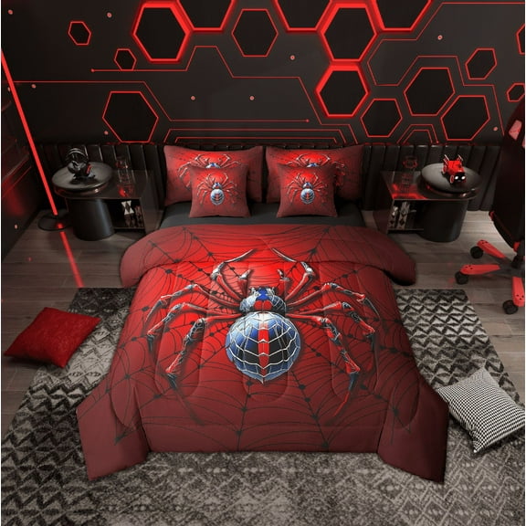 Erosebridal Boho Spider Bed in a Bag Full Size, Spiderweb Bed Set, Black Red Bed Sheets Setp with Comforter, Happy Halloween Room Decor, Reversible 7 Pieces