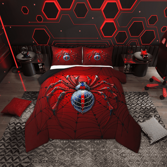 Erosebridal Boho Spider Comforter Sets King Size, Spiderweb Comforters & Duvets, Black Red Bedding King Comforter Set, Happy Halloween Room Decor, 3-Piece