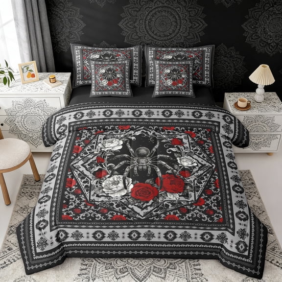 Erosebridal Boho Spider Twin Bedding Sets, Bohemian Aztec Mandala Bedding Comforter Set, Black Gray Red, Black Reversible 7pcs