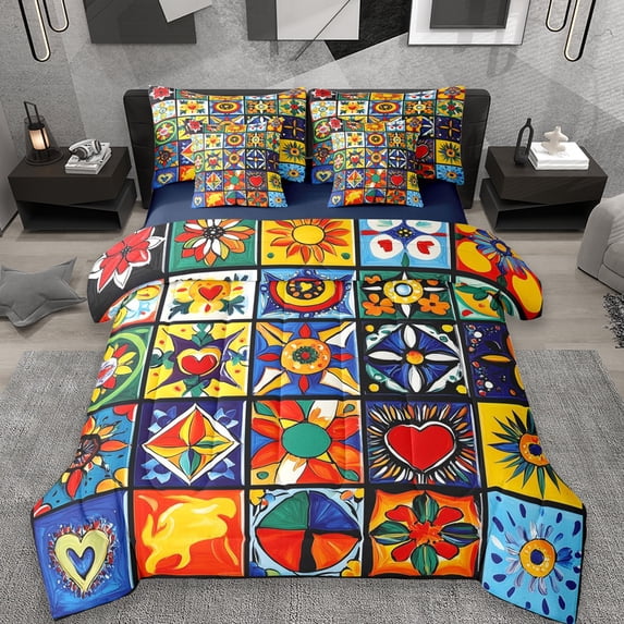 Erosebridal Boho Style Floral 7-Piece Bedding Comforter Set,Multicolor Blossom Flower King Bedding Sets,Reversible