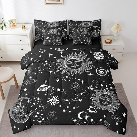 Erosebridal Boho Sun Moon Bed in a Bag Queen size, Psychedelic Galaxy Bed Set, Spiral Stars Reversible Bedding Queen Size, Breathable Bedroom Decorative, 7pcs