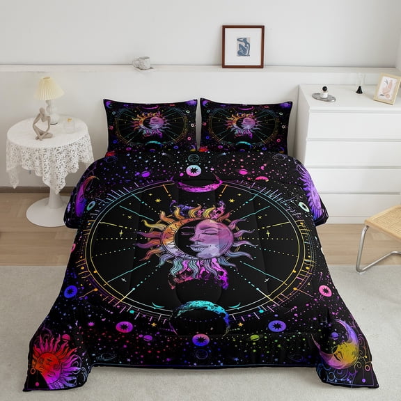 Erosebridal Boho Sun Moon Bedding Sets Full with Comforter, Mandala Neon Galaxy Duvet Insert, Mystic Constellation Decor, 3pcs