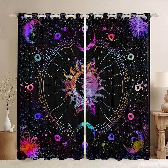 Erosebridal Boho Sun Moon Curtains for Living Room, Mandala Neon Galaxy 30%-50% Blackout Curtains Set of 2 (38x45), Mystic Constellation Decor