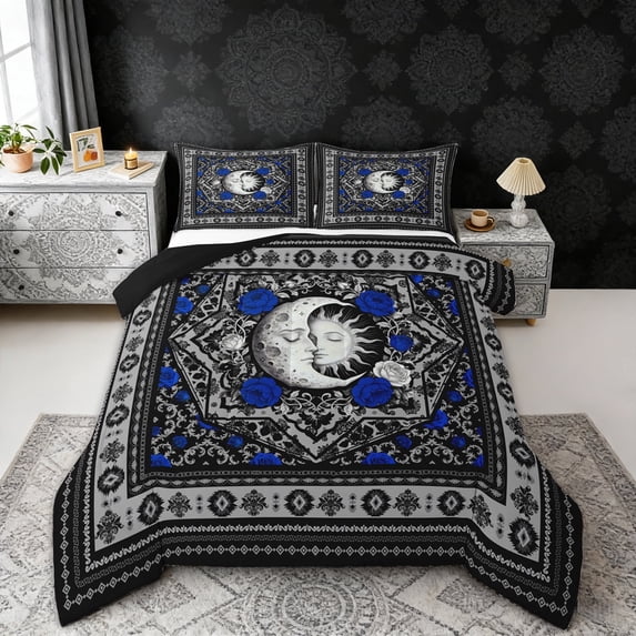 Erosebridal Boho Sun and Moon Full Size Comforter Sets, Bohemian Aztec Mandala Bedding Sets, Black Gray Blue, Black Reversible 3pcs, 1 Comforter and 2 Pillowcases