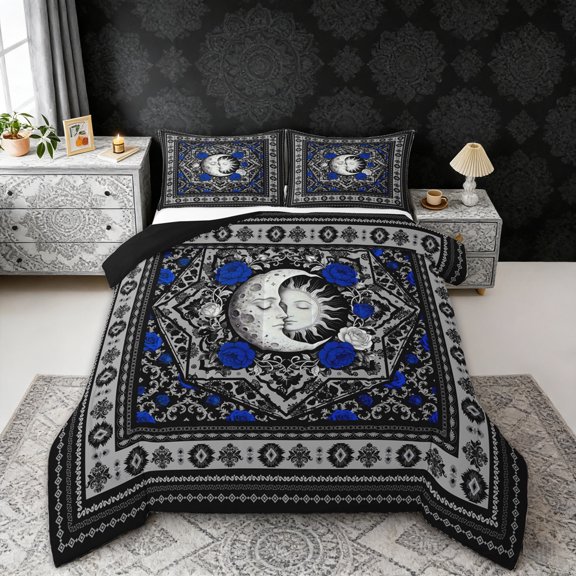 Erosebridal Boho Sun and Moon Full Size Comforter Sets, Bohemian Aztec Mandala Bedding Sets, Black Gray Blue, Black Reversible 3pcs, 1 Comforter and 2 Pillowcases