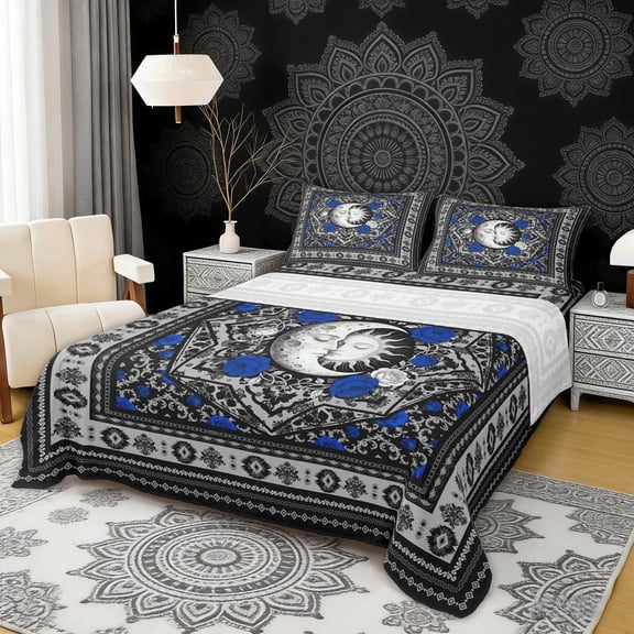 Erosebridal Boho Sun and Moon Queen Sheet Sets, Bohemian Aztec Mandala Bed Set, Black Gray Blue, 4 Pieces 1 Flat Sheet, 1 Fitted Sheet and 2 Pillowcases