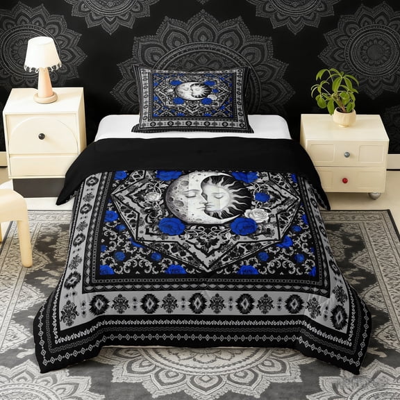 Erosebridal Boho Sun and Moon Twin Comforter Sets, Bohemian Aztec Mandala Bedding Set, Black Gray Blue, Black Reversible 2-Piece, 1 Comforter and 1 Pillowcase