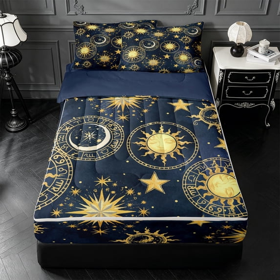 Erosebridal Boho Sun Print Zipper Twin Comforter Sets with Fitted Sheet and 2 Pillowcases,Cartoon Moon Stars Zipper Bedding Set For Adults,Navy Blue Reversible,4 Pieces