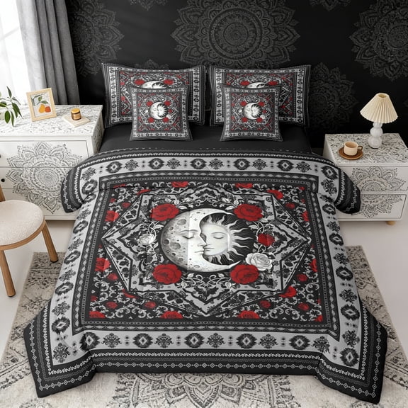 Erosebridal Boho Sun and Moon Twin Bedding Sets, Bohemian Aztec Mandala Bedding Comforter Set, Black Gray Red, Black Reversible 7 Pieces