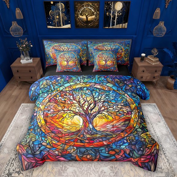 Erosebridal Boho Tree of Life Twin Bedding Sets, Aesthetic Stained Glass Bedding Comforter Set, Black Reversible, 7-Piece