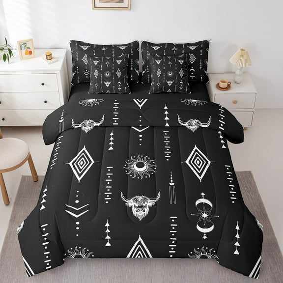 Erosebridal Boho Triangle Bed in a Bag Twin size, Black Aztec Bedding Twin Size, Vintage Western Boho Reversible Bed Set, Microfiber Room Decorative, 7pcs