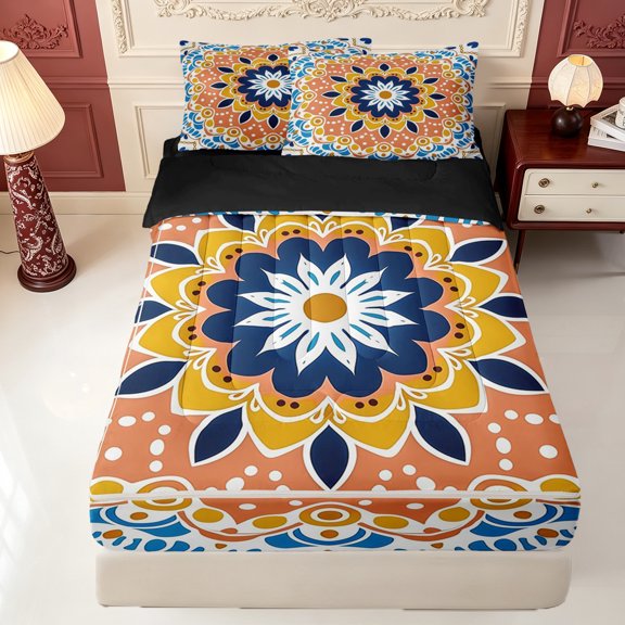 Erosebridal Boho Vibe Zipper Queen Comforter Set with Fitted Sheet and 2 Pillowcases,Pink Floral Mandala Zipper Bedding Set,Black Reversible,4pcs