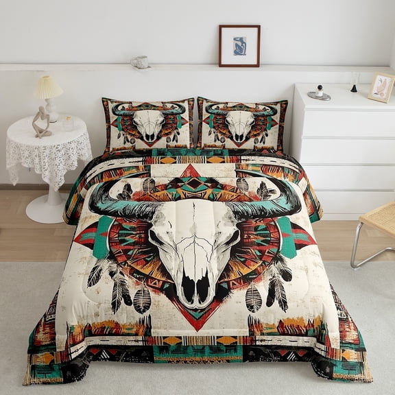 Erosebridal Sheep Skull Bedding King Comforter Set, Retro Aztec Down Comforter, Rustic Bohomian Decor, Reversible 3pcs