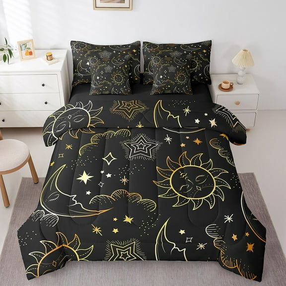 Erosebridal Bohomian Sun Bedding Sets, Hippie Moon Stars Comforter Sets with Sheets, Mystic Galaxy Reversible Bed Sheets Set, Microfiber Room Decorative, 7pcs