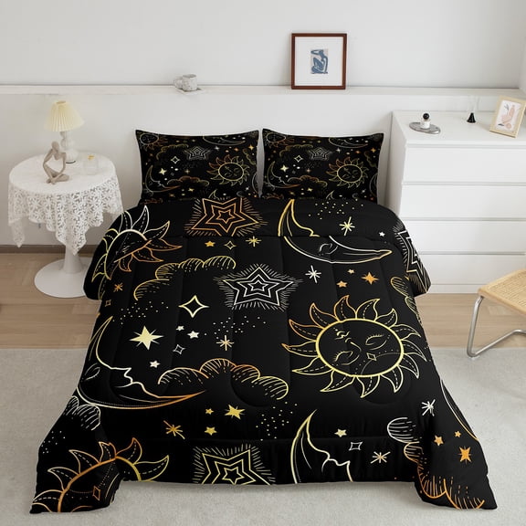 Erosebridal Bohomian Sun Comforter Sets Queen Size, Hippie Moon Stars Comforters & Duvets, Mystic Galaxy Reversible Duvet Insert, Microfiber Room Decorative, 3pcs