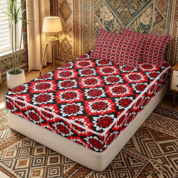 Erosebridal Bold Retro Floral Checkered Zipper Twin Comforter Sets with Fitted Sheet and 2 Pillowcases,Plaid Square Edge Pattern Zipper Bedding Set,Scarlet Black White,4-Piece,Black Reversible
