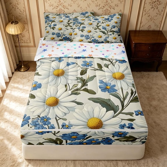Erosebridal Botanical Daisy Zipper Full Size Comforter Sets with Fitted Sheet and 2 Pillowcases, Cartoon Blossom Zipper Bedding Set, Stars Reversible, White Blue, Stars Reversible