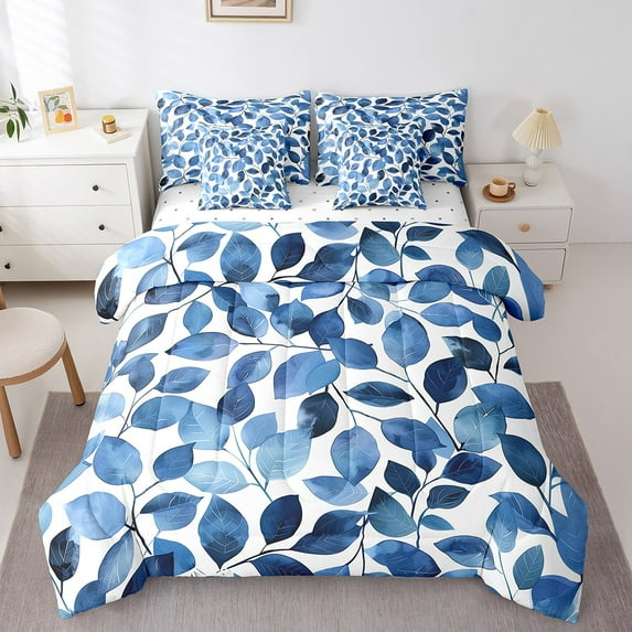 Erosebridal Botanical Leaves Bed in a Bag Twin Size,Flower Print For Men Women Bed Set,Gradient blue White Bedding Twin Size, Breathable Bedroom Decor,7 Pieces