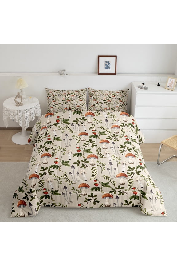Botanical Mushroom Bedding Twin Comforter Set, Green Leaves Down Comforter Microfiber 2-Piece