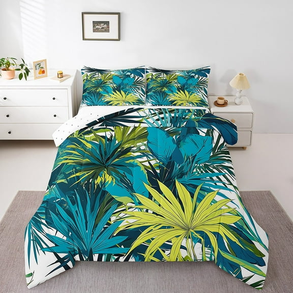Erosebridal Botanical Plants Bedding Queen Comforter Set, Palm Tree Leaf Down Comforter, Tropical Theme Bedding Sets Queen with Comforter, Lightweight Room Decorative, 3 Pieces