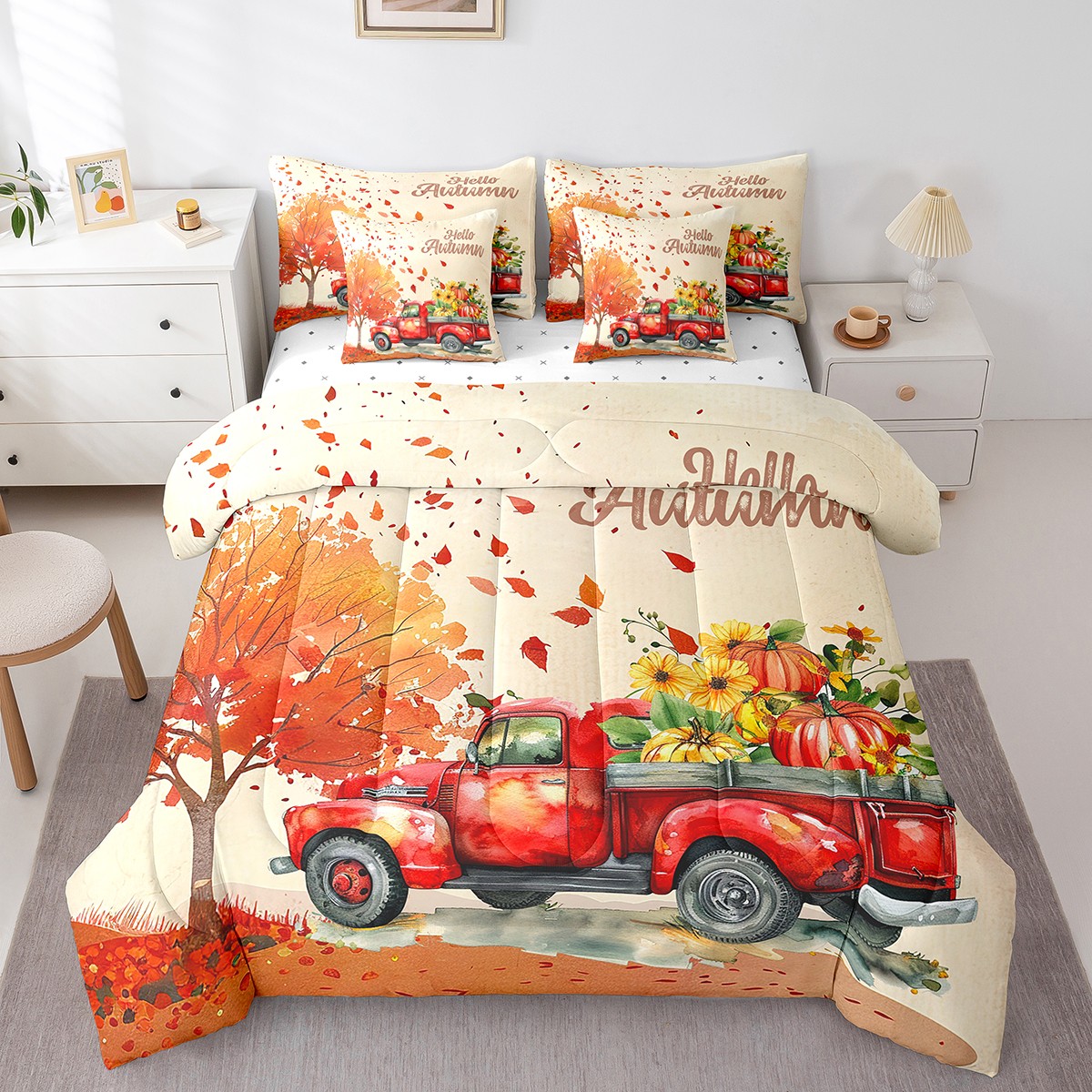 Erosebridal Botanical Pumpkin Bedding Queen Size,Red Truck Comforter ...