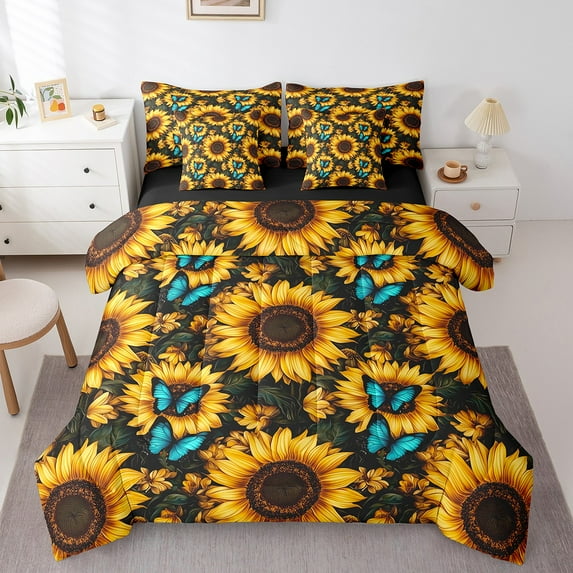 Erosebridal Botanical Sunflower Bed in a Bag King size,Butterfly Bedding King Size,Golden Blue,Reversible,7-Piece