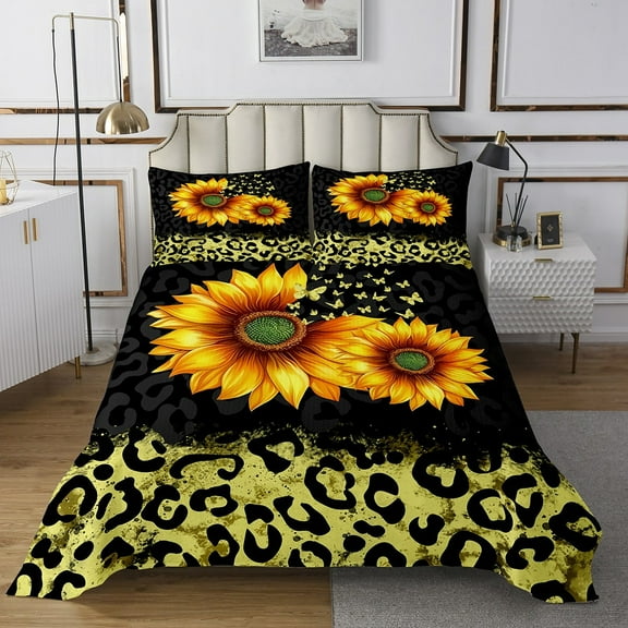 Erosebridal Botanical Sunflower Bedspread Sets King Size, Gold Leopard Cheetah Print Bed Set, 3pcs