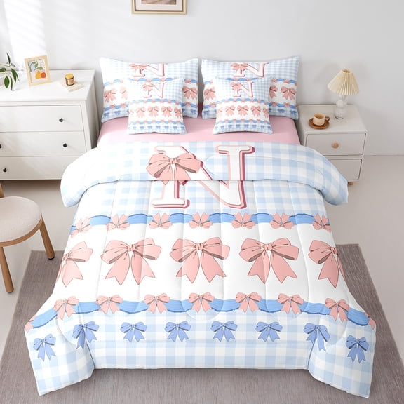 Erosebridal Bow Alphabet Bedding Sets Twin Size,Geometric Buffalo Comforter Sets with Sheets,Letter Personalized Bed in a Bag Twin size,Microfiber Kawaii Room Decorative,Reversible,7pcs