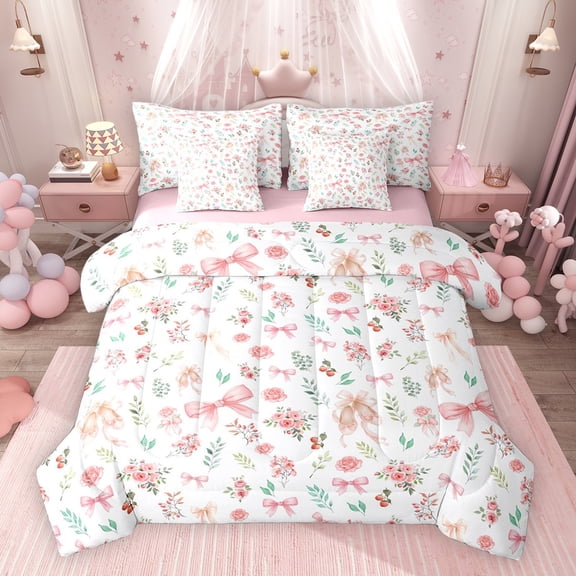 Erosebridal Bow Ballet Shoes Bedding Comforter Set for Girls, Pink Flower Floral Full Bedding Set, Pink Reversible, 7pcs