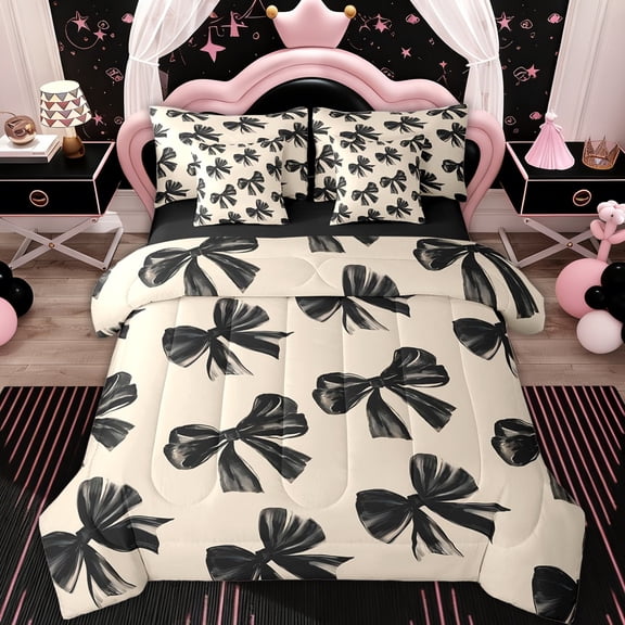 Erosebridal Black Bow Bed In A Bag With Sheets Black Bow Tie Bedding Set Adults Room Decor,Watercolor Bowknot Girls Twin Comforter Set 7 Piece Black White Simple Decor Sheet Set With Comforter