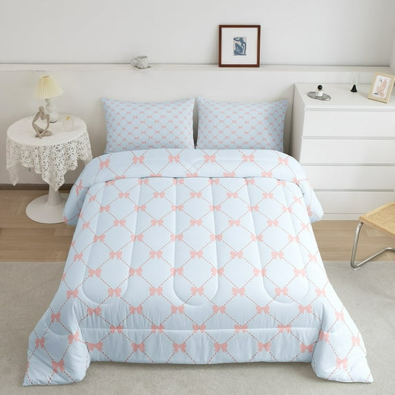 Erosebridal Bow Bedding Set Full Size Blue Pink Girly Bow Comforter Set Women Men Ultra Soft Cute Bowknot Comforter Kawaii Bow Duvet Set Room Decor Lovely Decor Quilt Set