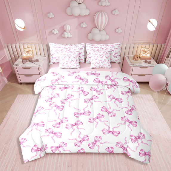 Erosebridal Bow Bedding Sets Twin Size,Cute Kawaii Comforter Sets with Sheets,Pink Reversible,7pcs