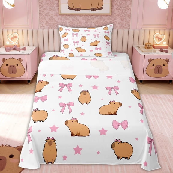 Erosebridal Bow Capybara Kid Twin Sheet Sets, Princess Ribbon Bedding, 3 Pieces