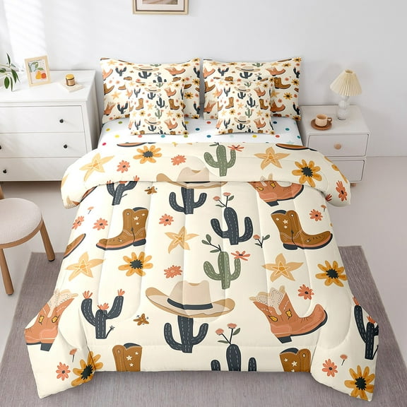 Erosebridal Bow Cowgirl Bedding Twin Size, Cactus Boot Bed in a Bag Twin size, Southwestern Decor, Reversible 7 Pieces