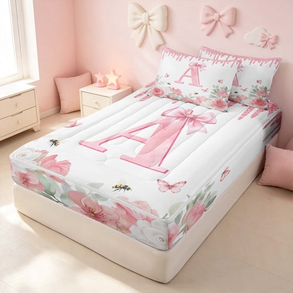 Erosebridal Bow Floral Zipper Twin Comforter Sets with Fitted Sheet and 2 Pillowcases for Girls, Personalized Initial A Zipper Bedding Set, Pink Reversible